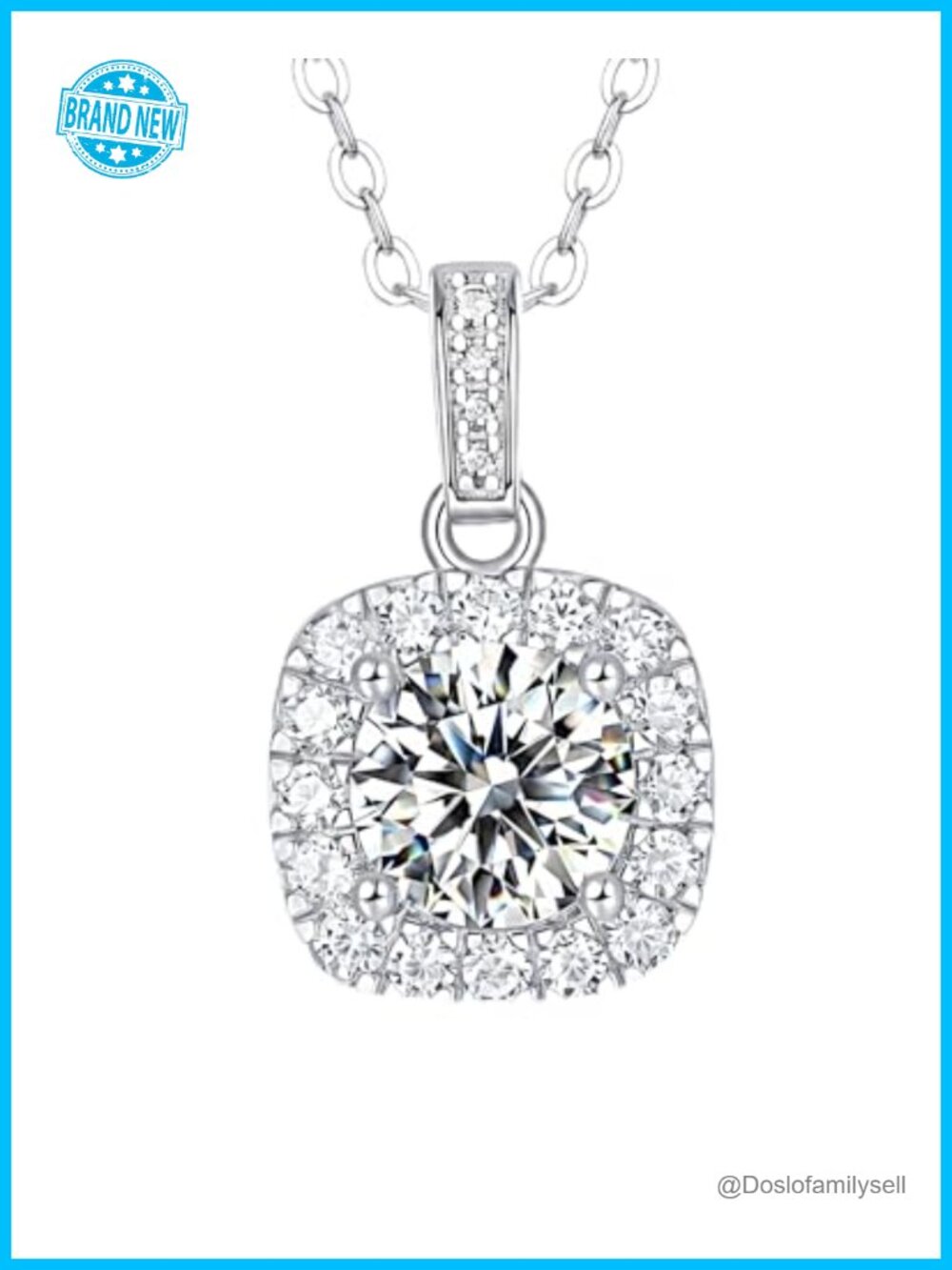 1ct Moissanite Cushion Cut Halo Pendant Necklace 925 Sterling Silver 18K White